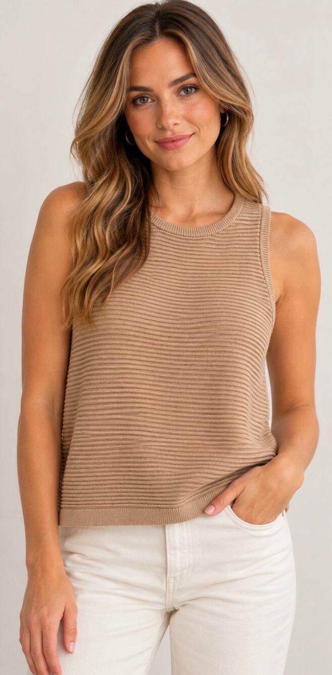 Babaton Aritzia Beige Ribbed Knit Sleeveless Sweater Tank Small